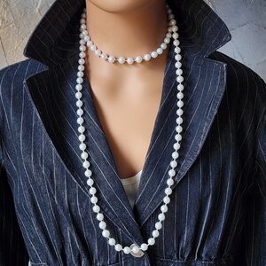 Pearl Necklace Long Double Link Faux Vintage Classic White Pearl Necklace